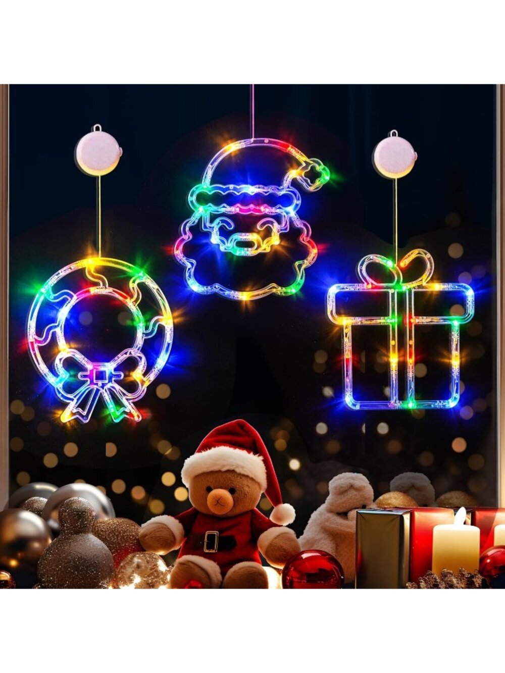New 3Pack Xmas Decoration, Wreath, Gift Box & Santa Window Lights with Timer